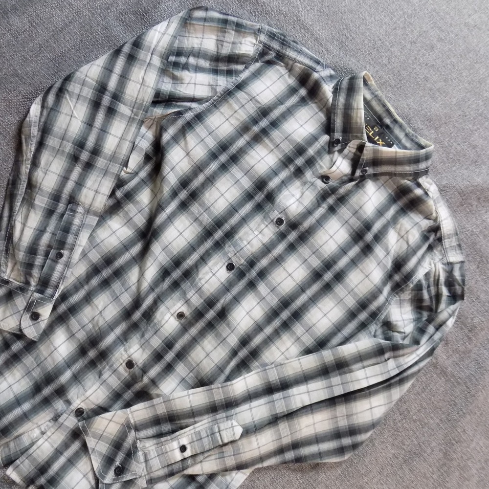 Helix Button Down Shirt Mens Medium Black Grey Plaid Good Long Sleeve Woven
